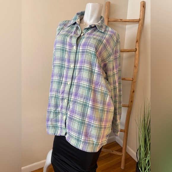 LL Bean Fleece Lined Shirt Jacket Shacket Womens Size XL Purple Green Oversized - Picture 1 of 6